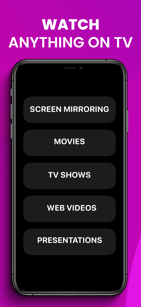 Screen Cast Mirroring・Smart TV - Interface de l'application affichant les options de mise en miroir d'écran pour les films, les séries télévisées et les présentations.