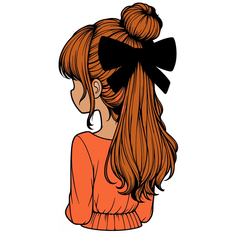 realistic girl  with hip length hair a bun and a big bow on the back of head