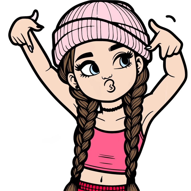 realistic teenage girl with braids and a beanie and crop top doing 🫶🏼