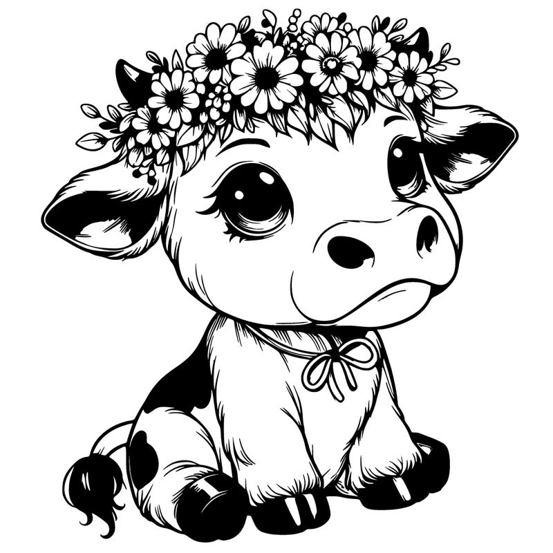 realistic adorable cow with flower crown