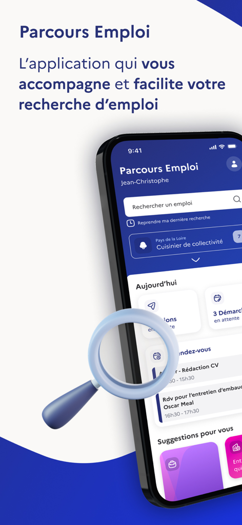 Parcours Emploi France Travail - Smartphone screen displaying the Parcours Emploi France Travail app interface for job searching and career management