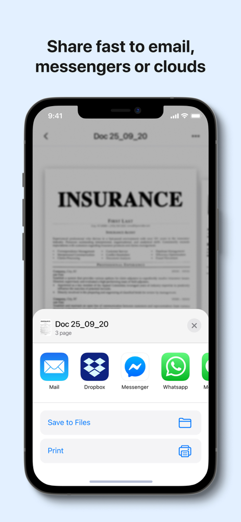 PDF Guru app screenshot showing document sharing options to email messengers and cloud storage