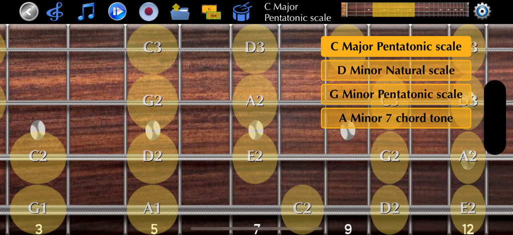 Bass Guitar Tutor Pro - Digital bass guitar fretboard showing musical scales and note labels in the tutor app.