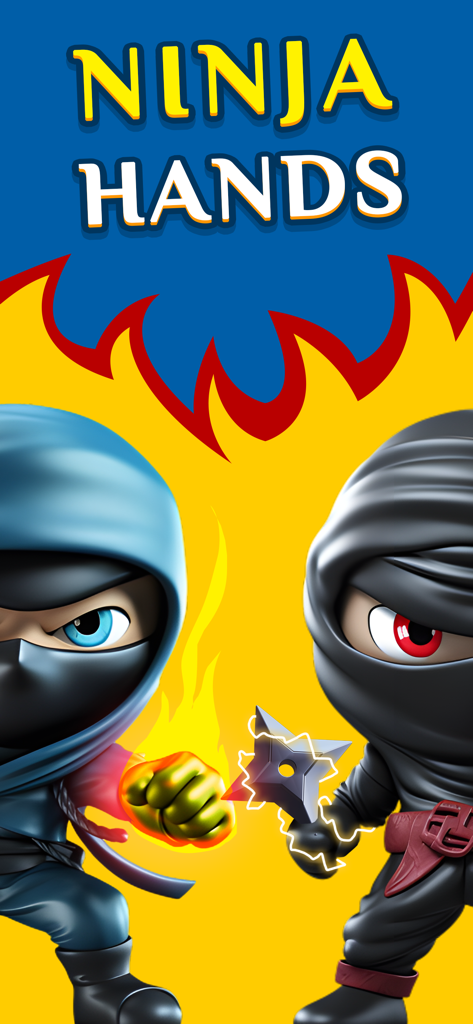 Ninja Hands - Personajes ninja azules y negros con poderes de fuego y relámpagos de la pantalla de inicio del juego Ninja Hands.