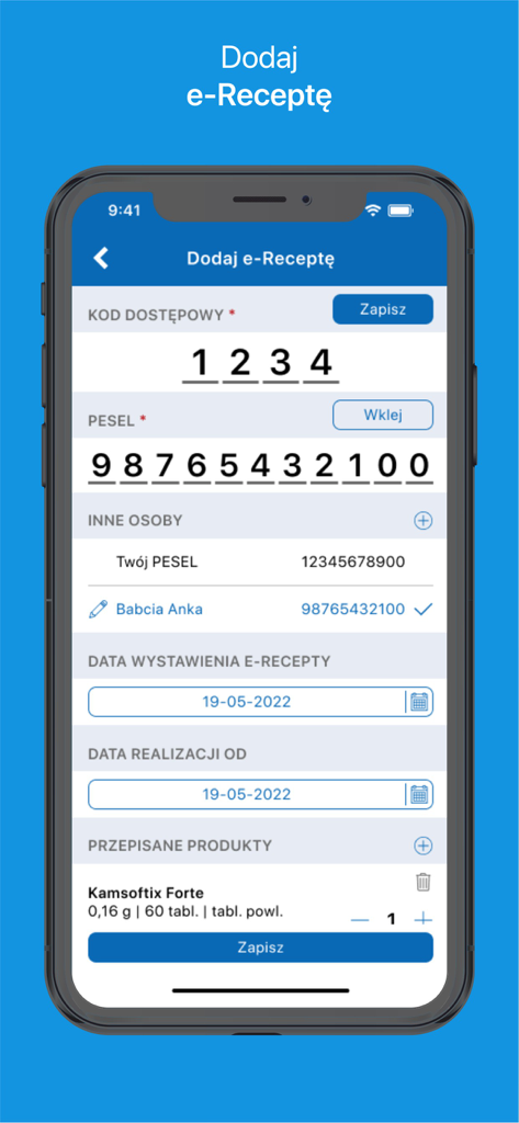 VisiMed - VisiMed app screen showing the interface to add an electronic prescription with fields for access code and PESEL number