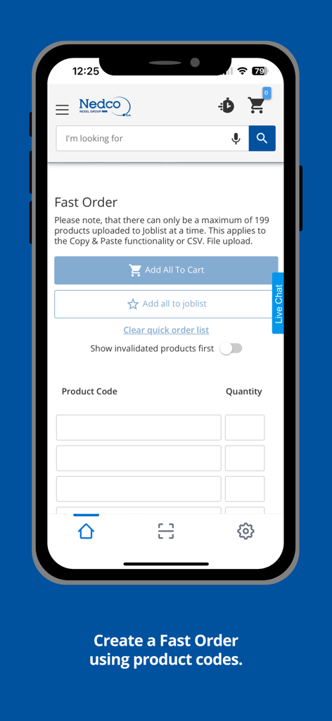 Nedco - Nedco app interface for creating a fast order using product codes and quantities