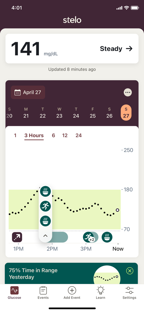 Stelo by Dexcom - Dashboard der Stelo by Dexcom App zeigt aktuelle Glukosewerte und ein Trenddiagramm
