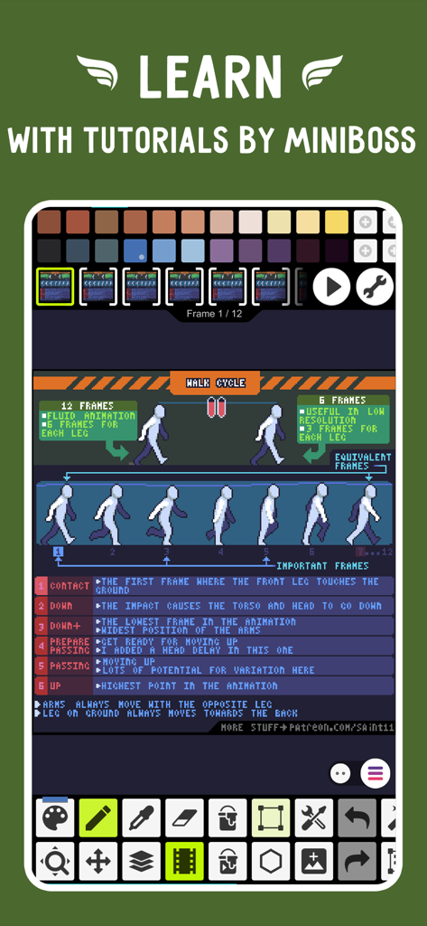Pixel Studio PRO for pixel art - Pixel Studio PRO-Oberfläche mit einem Pixel-Art-Walk-Cycle-Animations-Tutorial