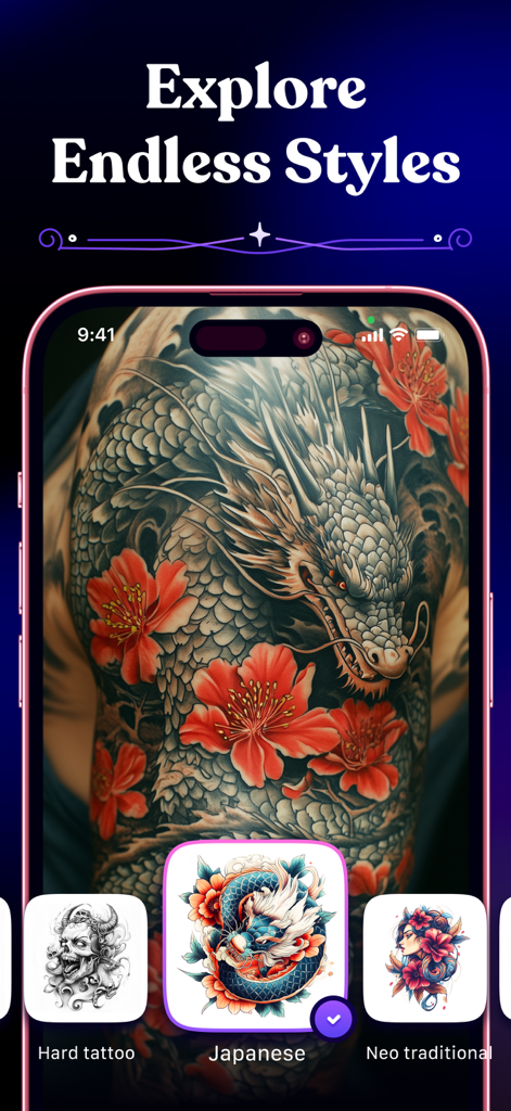 Tattoo Guru - AI Art Generator - Preview of a Japanese dragon tattoo design in the Tattoo Guru app