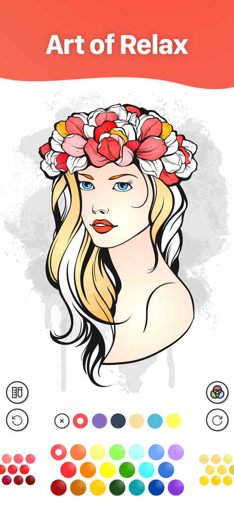 Jolly Paint: Coloring Book - Interface de livro de colorir digital apresentando uma mulher com uma coroa de flores e paletas de cores.