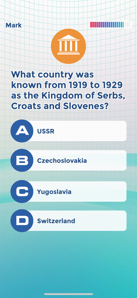 Trivia: Knowledge Trainer Pro - Trivia Knowledge Trainer Pro app interface showing a history question about Yugoslavia with multiple choice options.