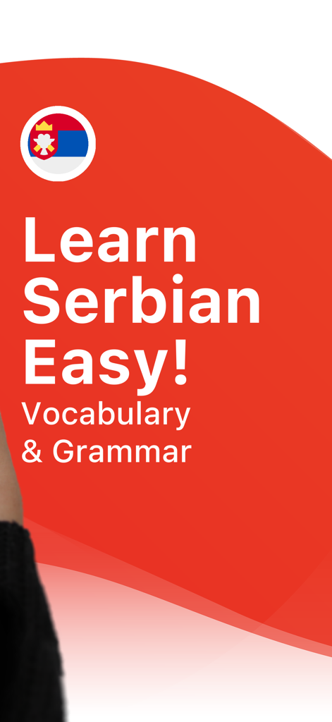 Schermata promozionale per l'app Impara il serbo con vocabolario e grammatica con l'icona della bandiera serba