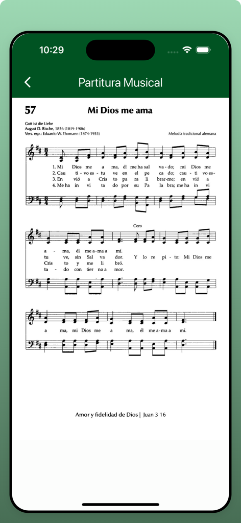 Himnario Adventista 7mo Día - Sheet music display for a hymn in the Himnario Adventista 7mo Dia app