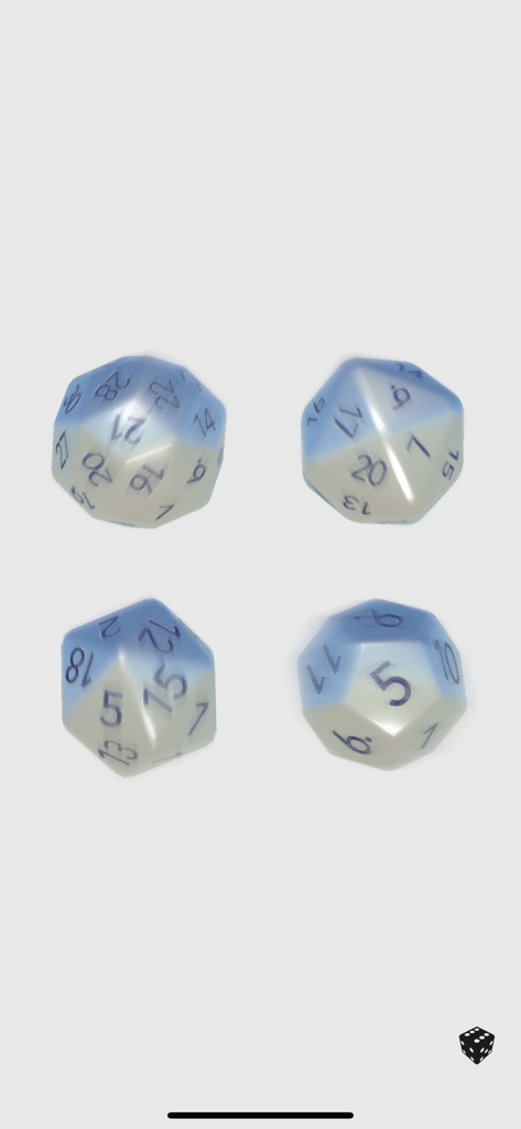 Quatro dados poliédricos azuis e brancos com skins personalizadas exibidos no aplicativo Dice Dice Pro.