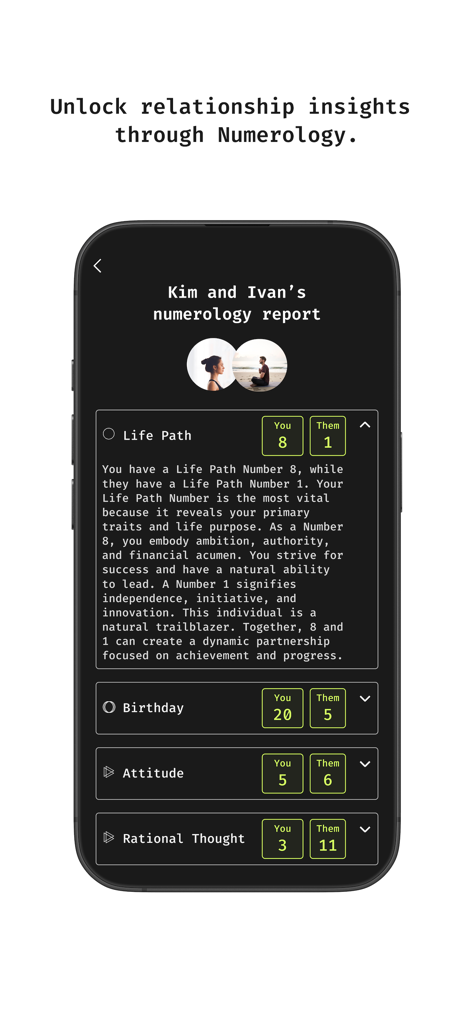 Sacrena - Sacrena mobile app screenshot showing a detailed numerology report comparing life path numbers for relationship insights.