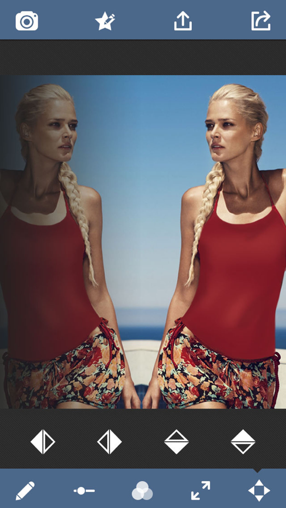 A photo editor interface showcasing a side by side mirror reflection effect