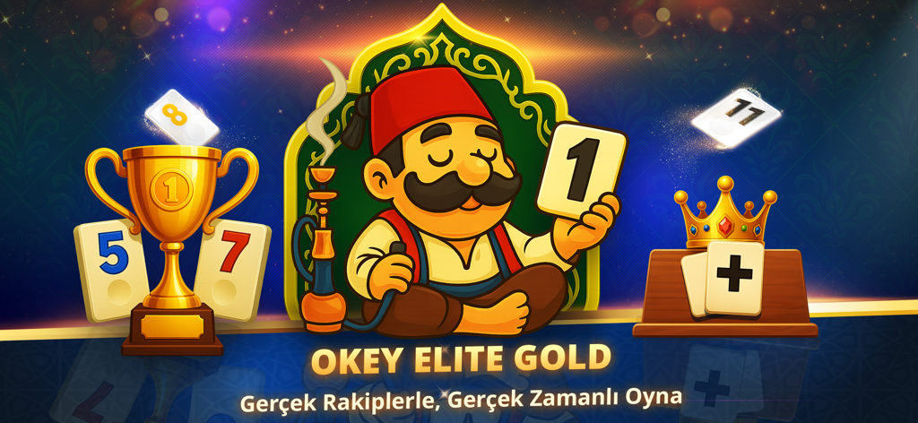 Okey Elite Gold - Promotional banner for Okey Elite Gold featuring a Turkish character and game tiles