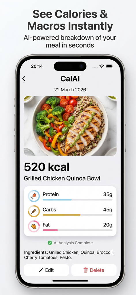 CalAI: Scan & Calorie Tracker - CalAI app screenshot showing AI powered calorie and macro analysis of a chicken bowl meal