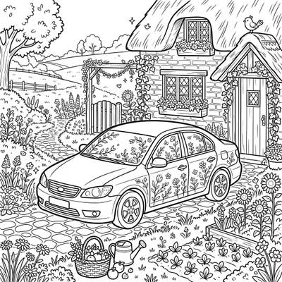 Discover the unexpected charm of our Cottagecore Sedan coloring page, where modern travel meets rustic tranquility. Immerse yourself in a delightful scene featuring a car adorned with wildflowers, parked amidst a serene cottage garden.