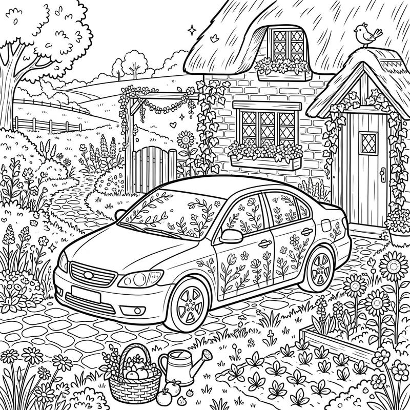 Discover the unexpected charm of our Cottagecore Sedan coloring page, where modern travel meets rustic tranquility. Immerse yourself in a delightful scene featuring a car adorned with wildflowers, parked amidst a serene cottage garden.
