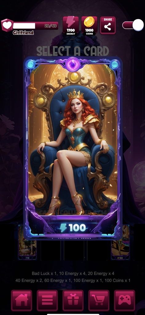 Pocket Love - Gamer Girl - Card selection screen in Pocket Love showing a collectible queen card with energy rewards