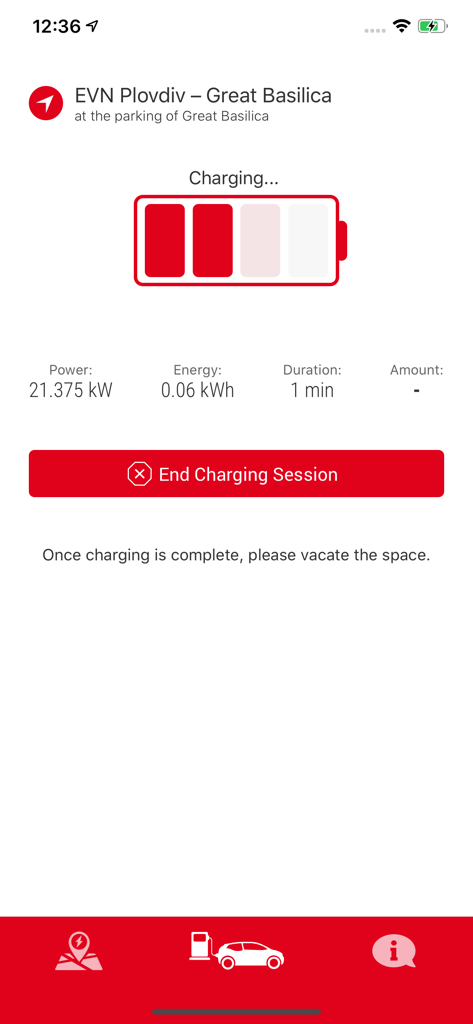EVN2GO - Schermata dell'app mobile che mostra lo stato di ricarica del veicolo elettrico in tempo reale con livello della batteria e statistiche sull'utilizzo dell'energia.