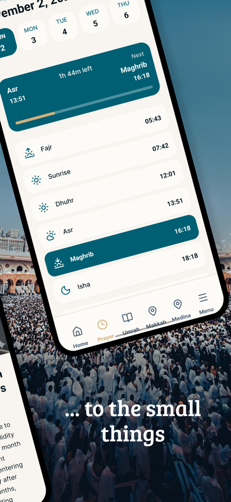 Smartphone screen of the Umrah Guide app showing a list of daily prayer times and a countdown to Maghrib prayer