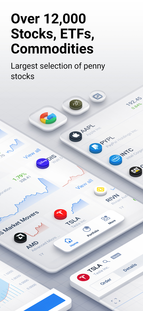 RoboMarkets Stocks Trader - Pantalla de la aplicación RoboMarkets Stocks Trader que muestra una amplia selección de acciones y ETFs con gráficos de datos de mercado