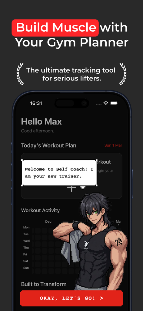 Self Coach Gym Workout Planner - Dashboard of the Self Coach app showing a workout activity heatmap and an anime style muscle builder
