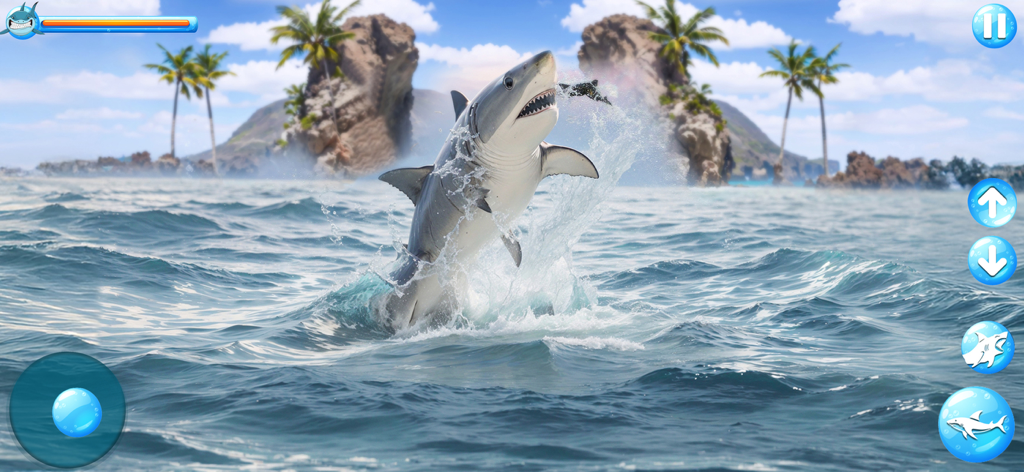 Ocean Shark Simulator - A great white shark leaping out of the ocean water near a tropical island in Ocean Shark Simulator.