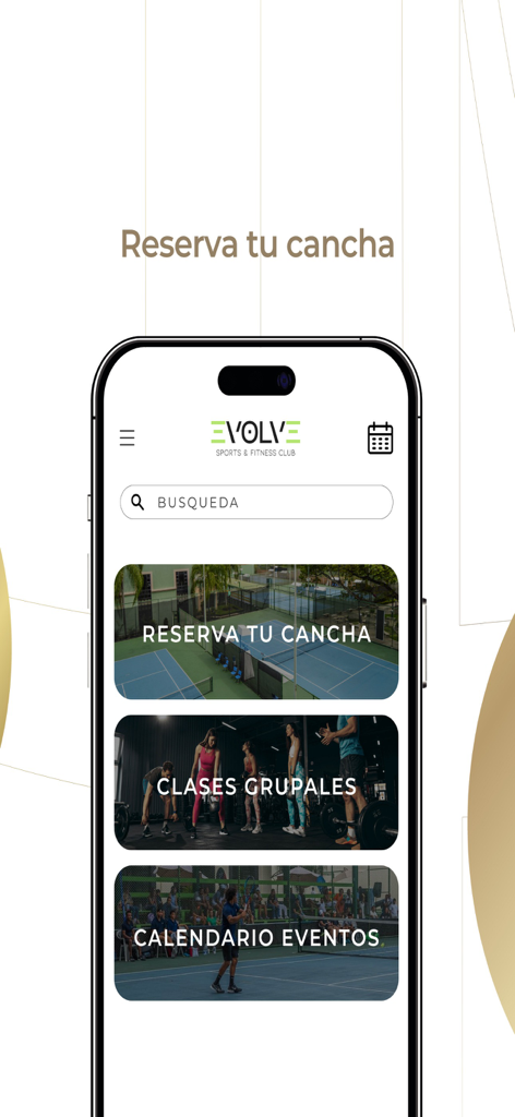 Tu Club - Tu Clubアプリのインターフェース。スポーツコートの予約やフィットネスクラスのスケジュールのオプションが表示されます