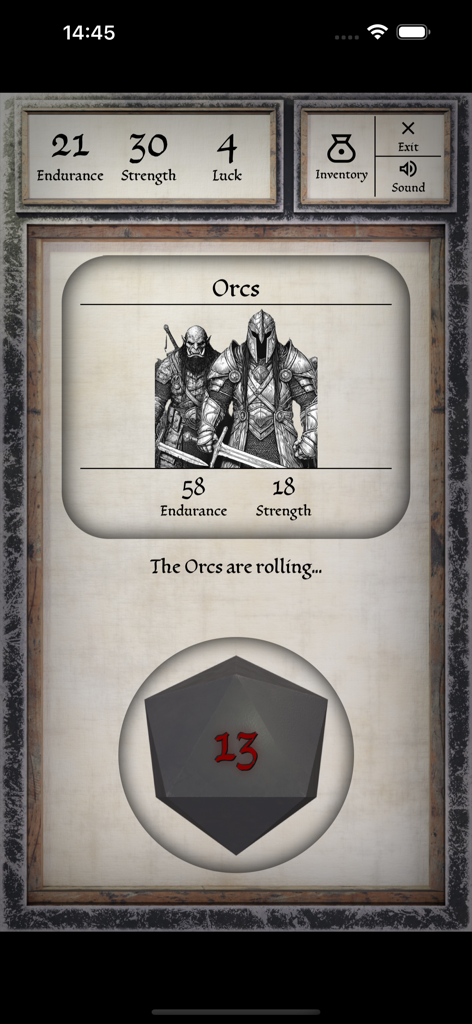 Una pantalla de combate de RPG de mesa digital que muestra una tirada de dados d20 contra enemigos Orcos.