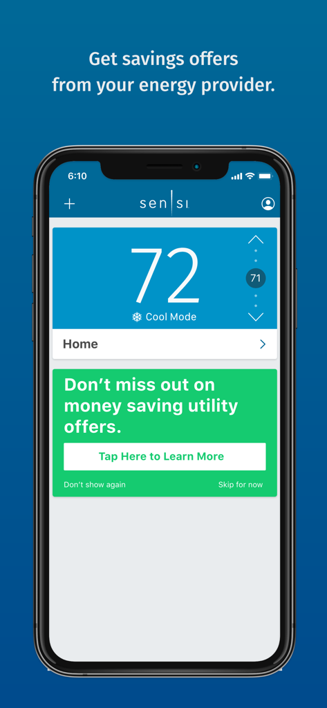 Sensi - Sensi smart thermostat app display showing temperature control and utility energy saving offers