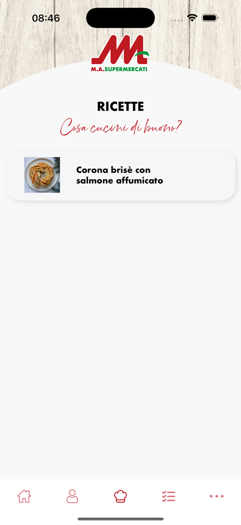 Interfaccia dell'app MA Supermercati che mostra la sezione ricette con una ricetta in evidenza di sfogliatella salata con salmone affumicato