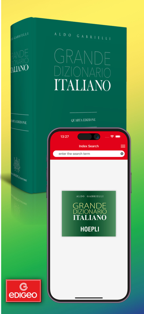 Dizionario Italiano Gabrielli - Dizionario Italiano Gabrielliアプリのホーム画面。検索バーと、背景にGrande Dizionario Italianoのブックカバーが表示されています。