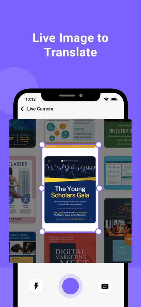 Mobile app interface showing the live camera image translation feature scanning a document