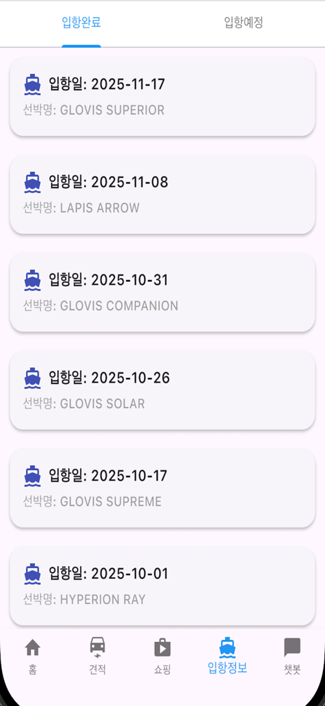 EvTmate - EvTmate app interface showing a list of cargo ships and their arrival dates for electric vehicle shipping tracking