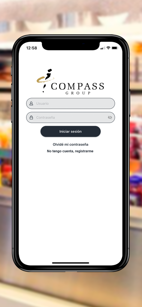 Écran de connexion de l'application mobile My Compass pour les employés de Compass Group, avec des champs pour le nom d'utilisateur et le mot de passe.