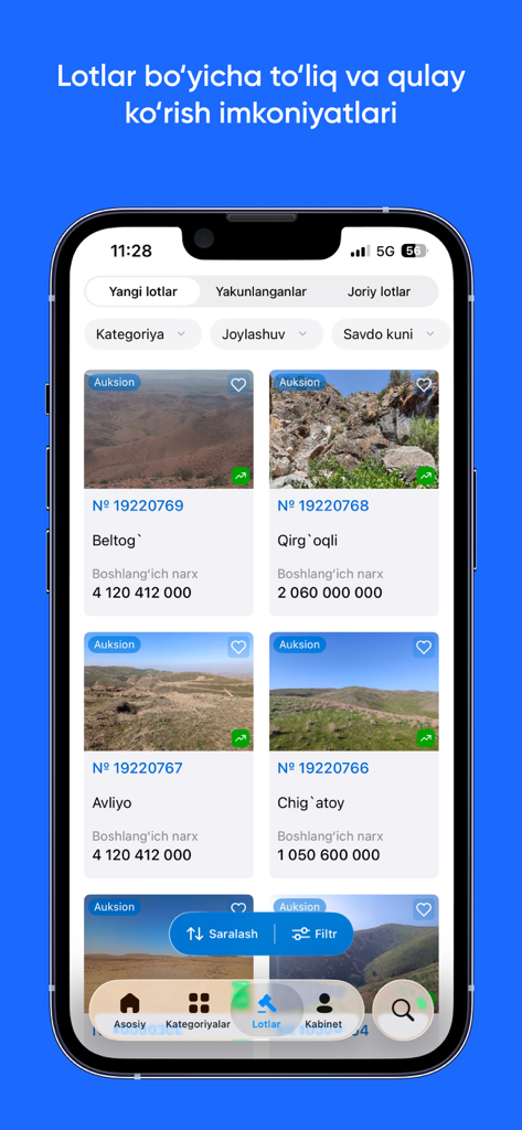 e-auksion - Interface do aplicativo móvel e-auksion mostrando lotes de leilão para terrenos e imóveis no Uzbequistão com preços iniciais.