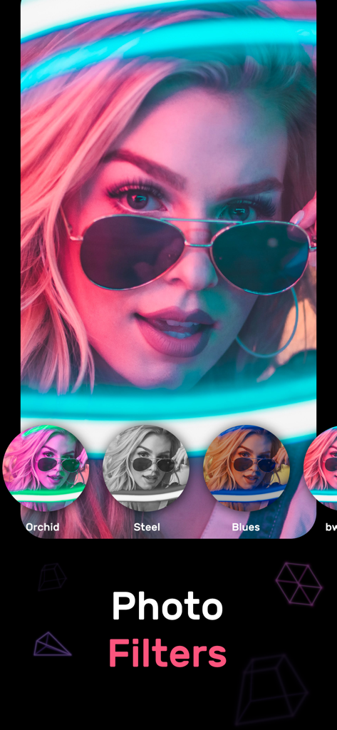 Locket Photo Locket Frames HD - A woman with neon lighting and sunglasses showcasing orchid and steel photo filters in a mobile app