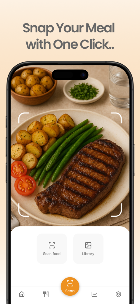 Nutrio - AI Calorie Tracker - iPhone screen showing the Nutrio AI app scanning a plate of steak and vegetables for instant calorie tracking.