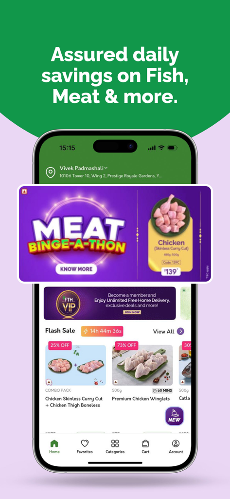 FreshToHome app interface showing meat and fish deals with flash sales and chicken curry cut discounts