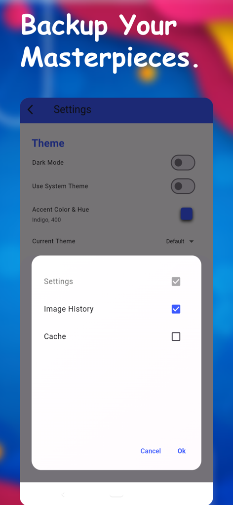 Imagen AI - Imagen AIアプリの設定画面。テーマカスタマイズオプションと画像履歴のバックアップダイアログが表示されています。