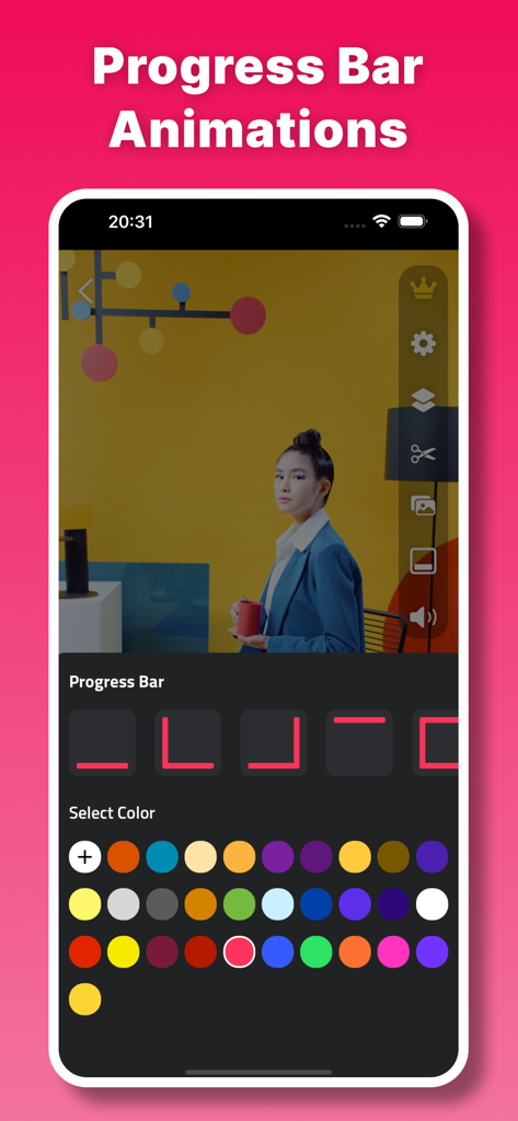 Split Video: Story Cutter - Video editing interface for adding animated progress bars with custom colors for social media stories.