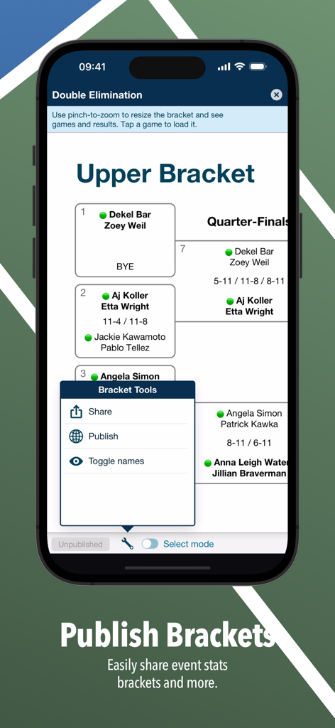 KeepaScore Pickleball Brackets - KeepaScore app interface showing a double elimination tournament bracket with a tools menu to share and publish event stats