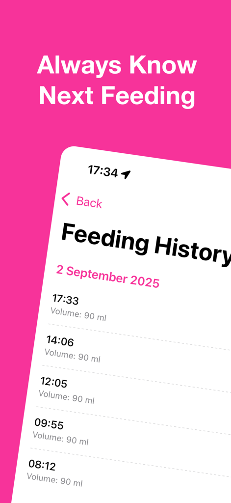 Ein minimalistischer Screenshot der Baby Timer-App, der ein detailliertes Fütterungsprotokoll mit spezifischen Zeiten und Milchmengen zeigt.