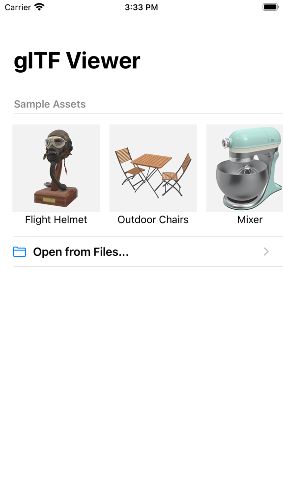 Khronos glTF Viewer home screen displaying sample 3D assets and an option to open files