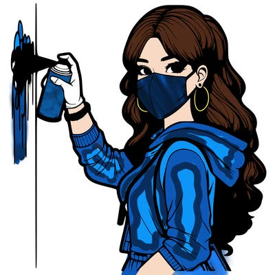 realistic girl with mask spray painting a wall