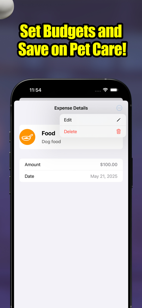 PetPlanr - PetPlanr app displaying dog food expense details and budget management options