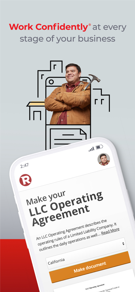 Rocket Lawyer Legal & Law Help - Smartphone screen showing the Rocket Lawyer app interface for creating an LLC Operating Agreement